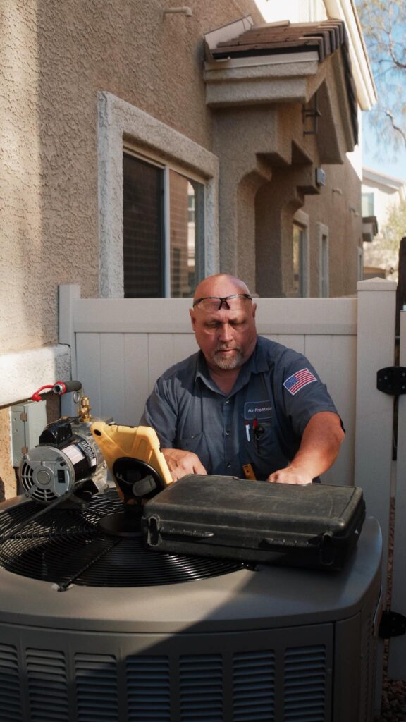 Tech working on installing a new air conditioning unit after ac replacement las vegas service
