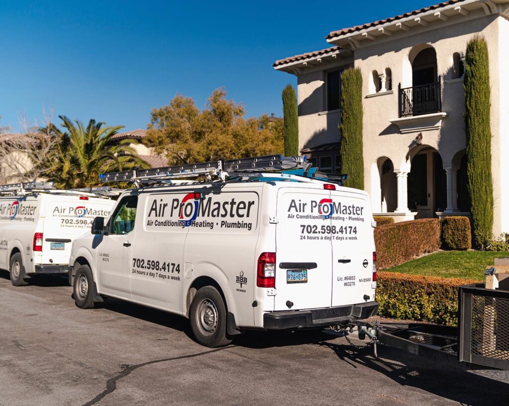 Our HVAC Service technician work truck servicing a home's air conditioner in Las Vegas, NV