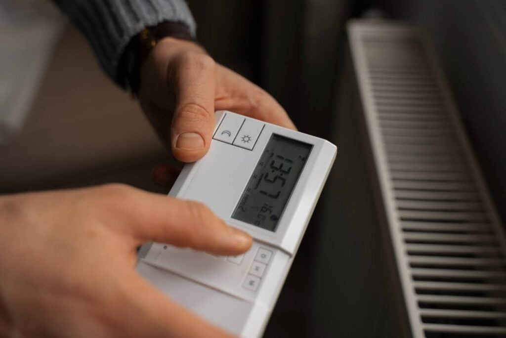 A man changing the temperature on a smart thermostat.