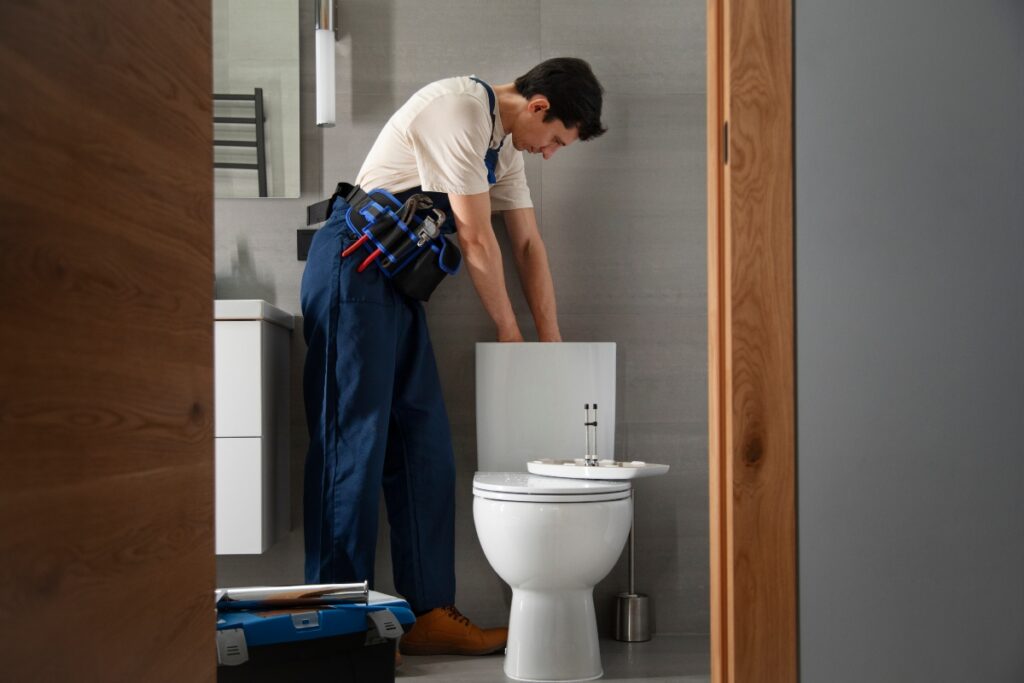 A plumber fixing a running toilet tank.
