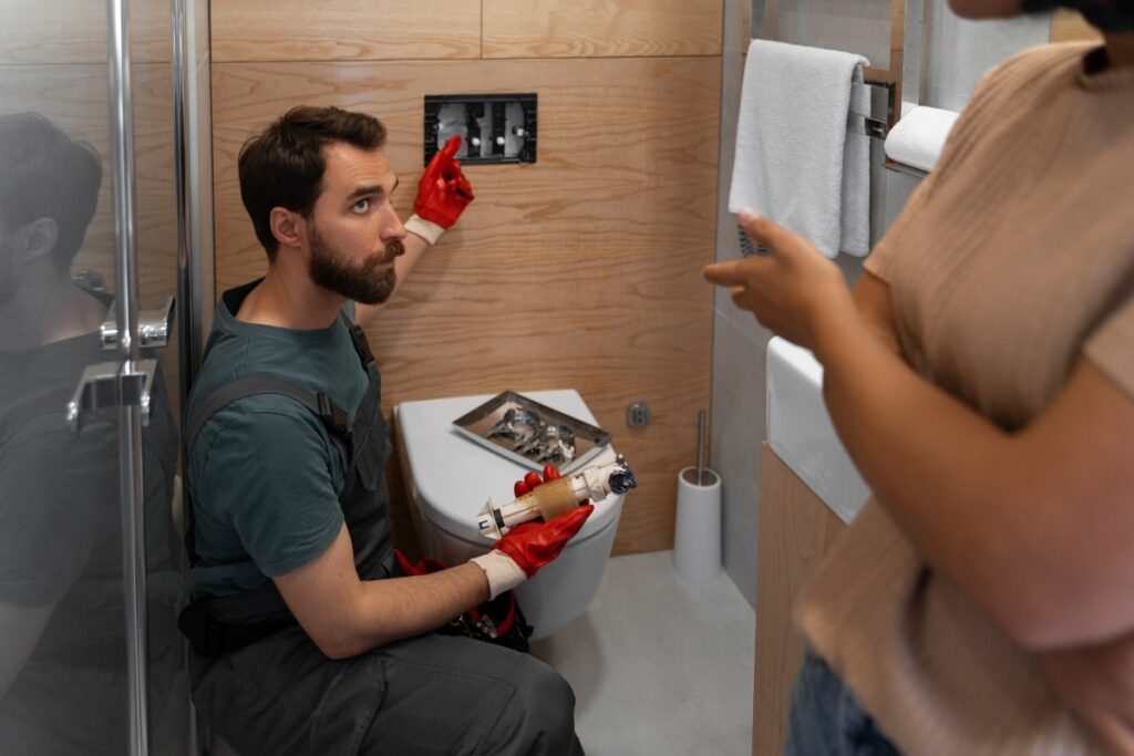 A professional showing a homeowner how he’s fixing an in-wall toilet tank.
