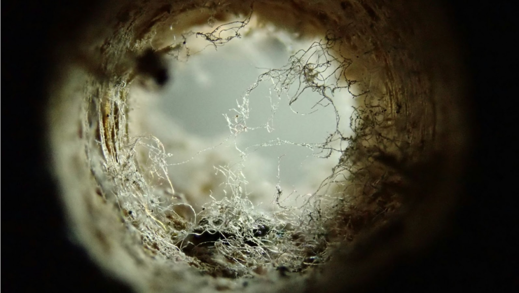 An inside of a clogged pipe.