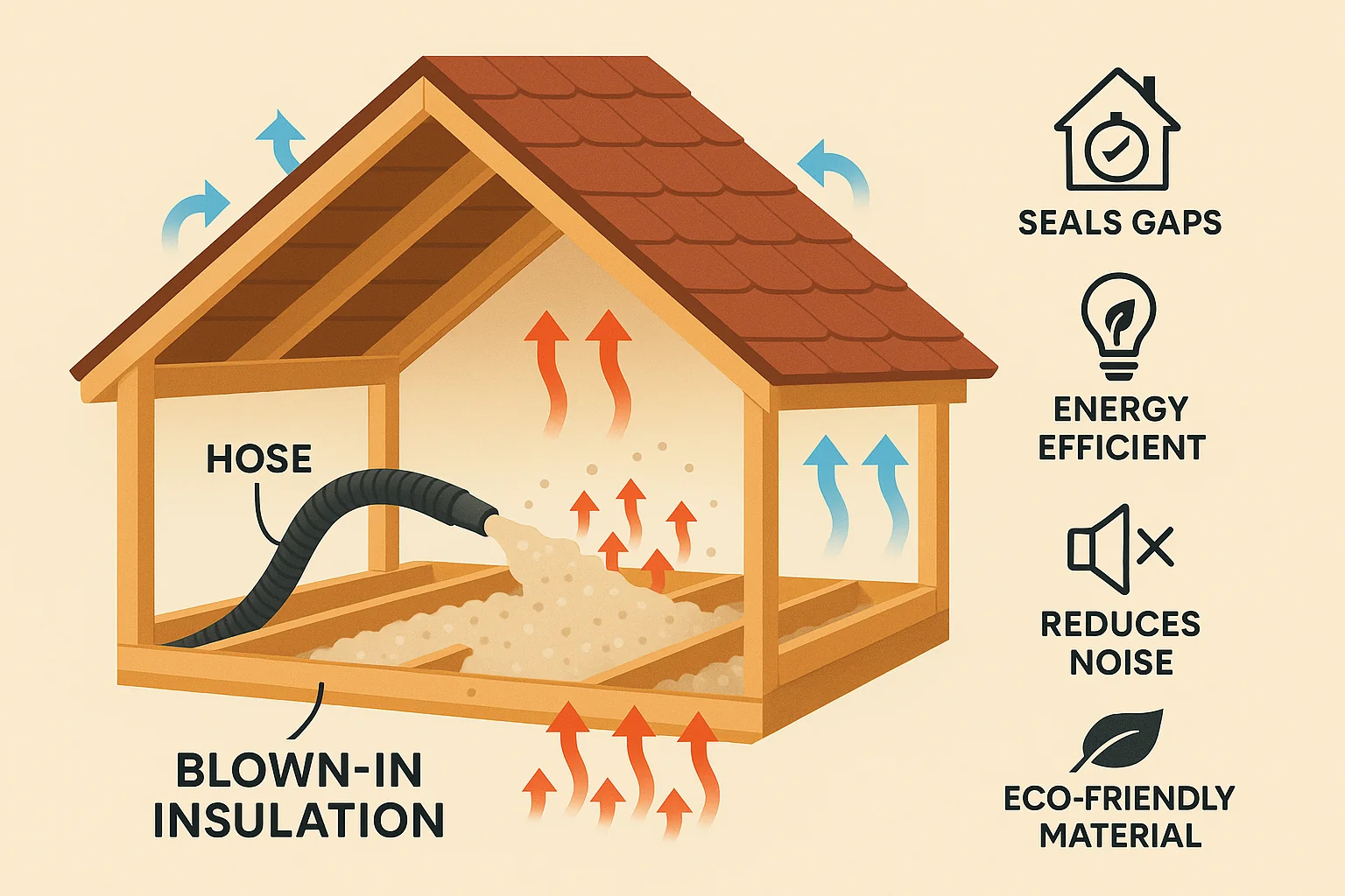 Infographic of a cutaway attic with blown-in insulation applied by hose, showing energy efficiency, gap sealing, reduced noise, eco-friendly material, airflow, and thermal protection.