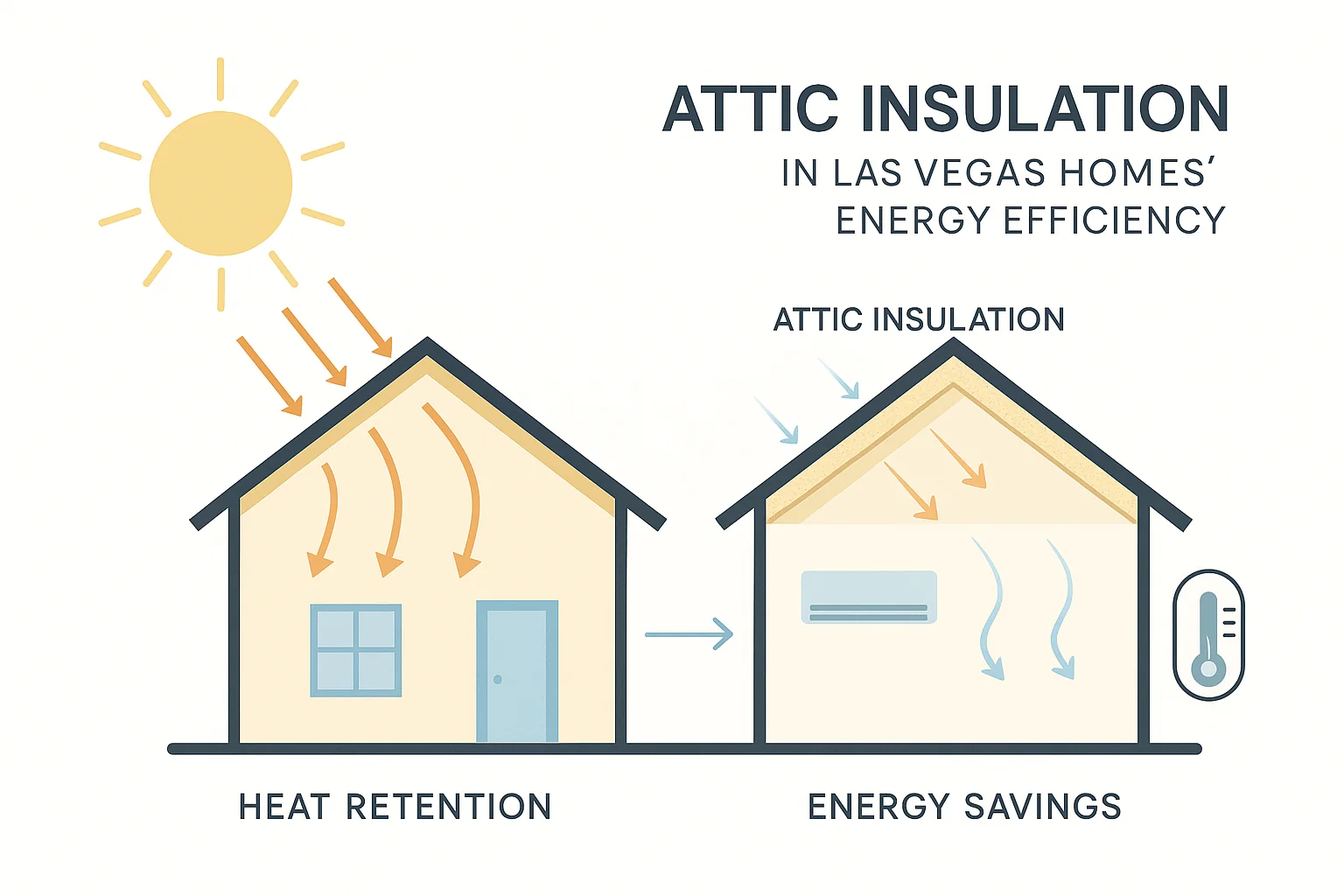Minimalist infographic showing a Las Vegas home attic before and after insulation, with heat arrows illustrating reduced heat entry and labeled energy-saving benefits.