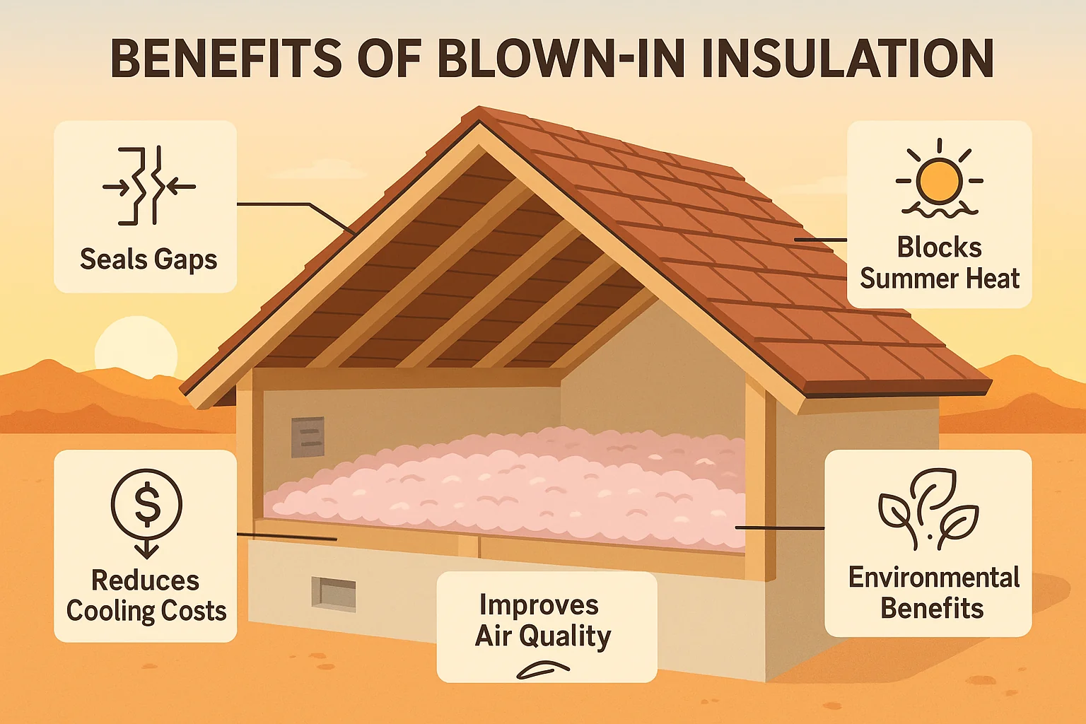 Infographic of a Las Vegas attic with blown-in insulation. Highlights benefits such as sealing gaps, lower cooling costs, blocking summer heat, better air quality, and eco-friendly features. Features icons and clear callout text for homeowners, set against a modern desert sunrise background.