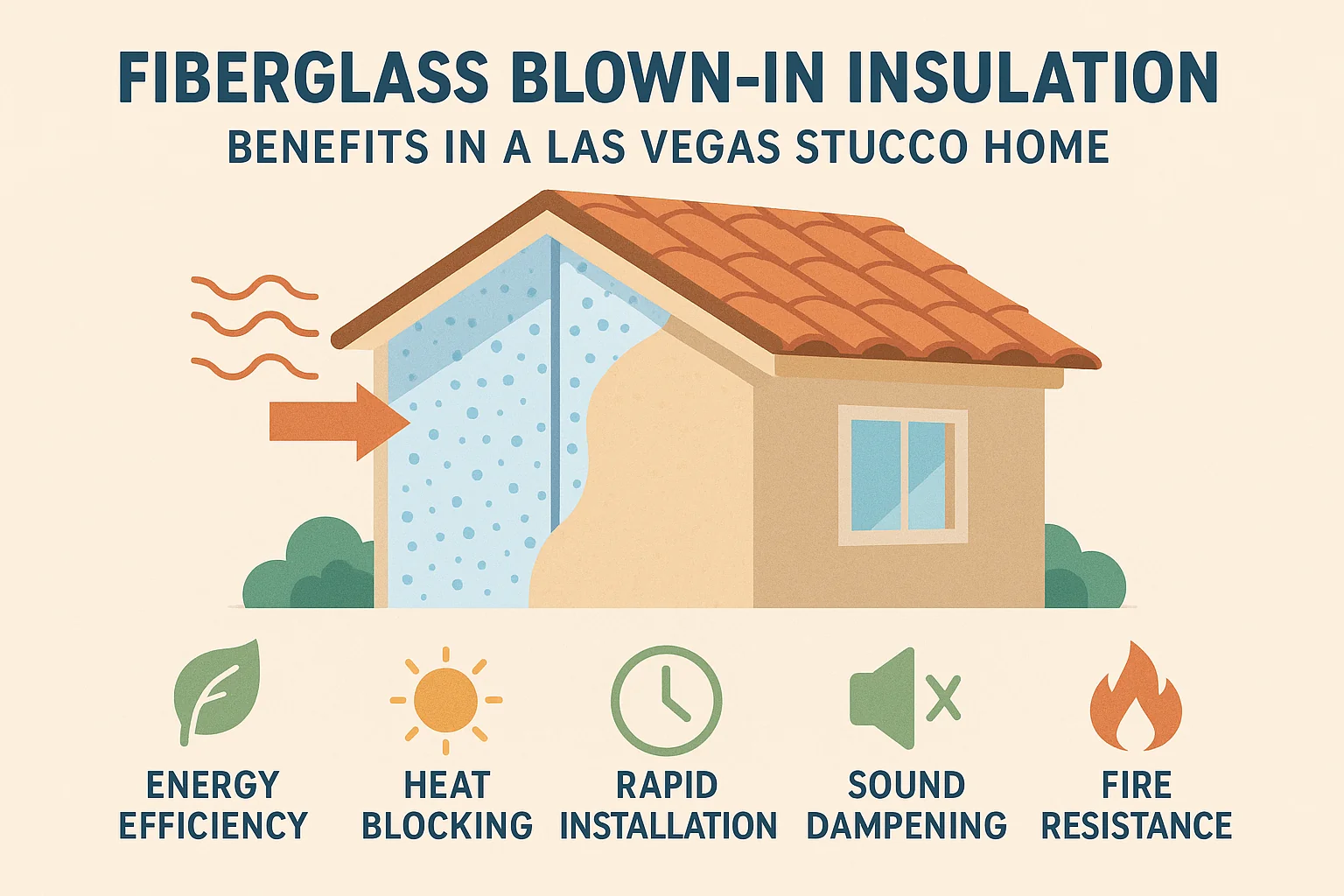 Infographic showing fiberglass blown-in insulation benefits for a Las Vegas stucco home, including energy efficiency, heat blocking, rapid installation, sound dampening, and fire resistance.